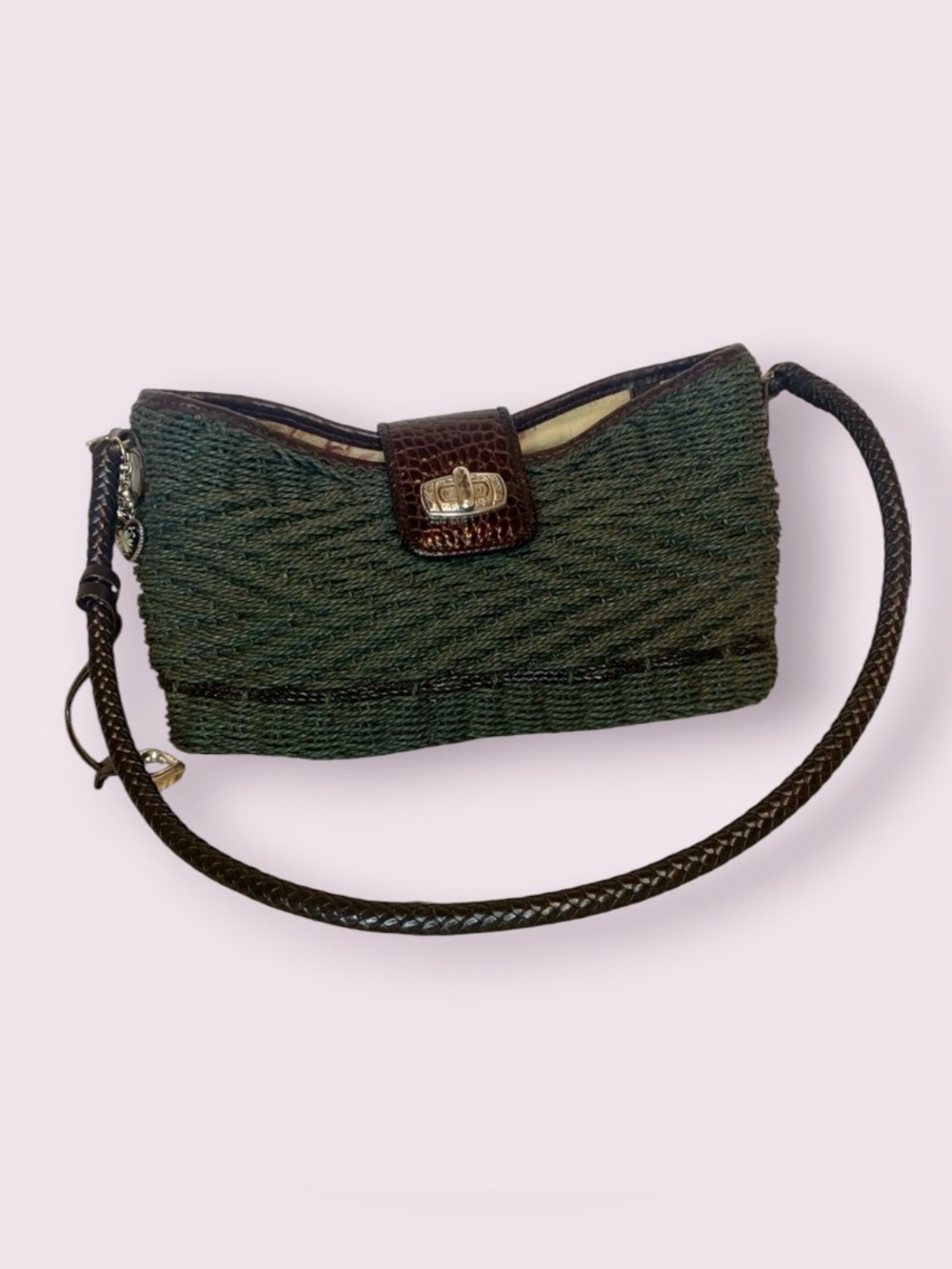 Vintage Brighton Woven Raffia Straw & Leather Shoulder Bag Gray/Green & Brown